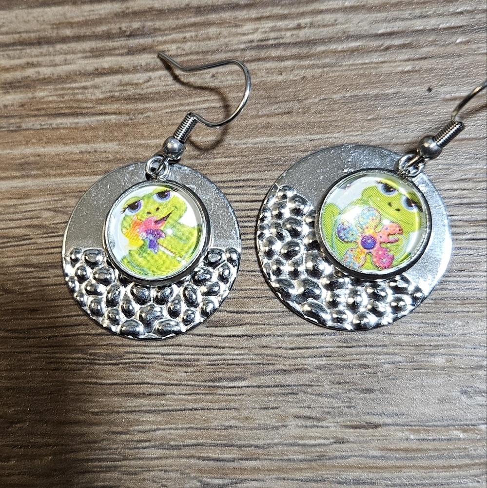 Silver Lisa Frank Frog Earrings